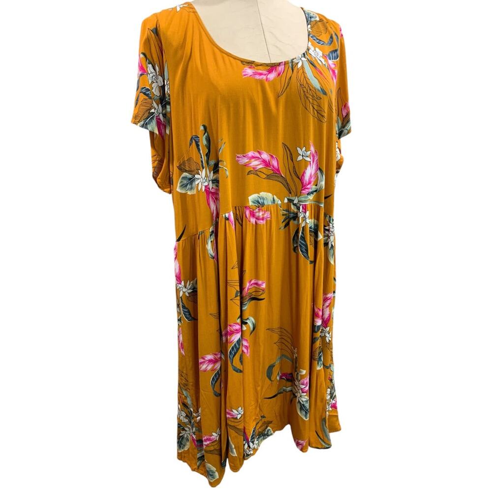 3X Torrid Gold Floral Boho Dress Lightweight Short Sleeve Stretch Rayon
